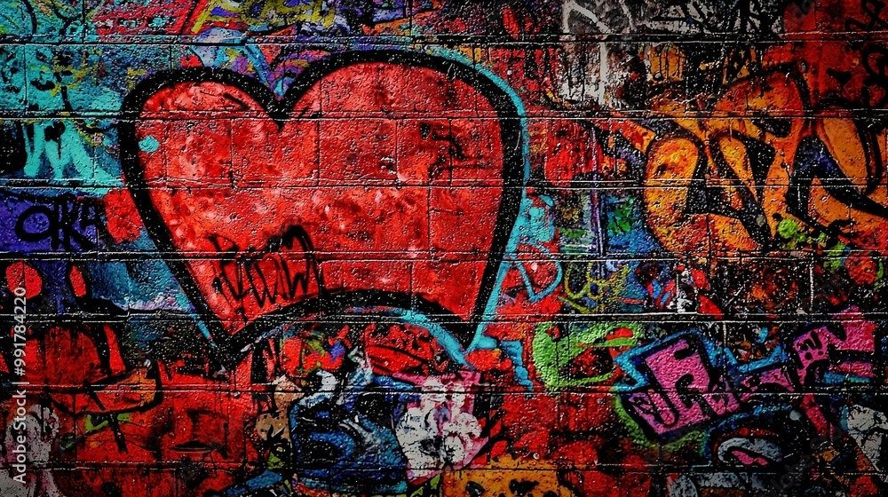 Fototapeta premium A red heart adorns the brick wall, surrounded by intricate graffiti artwork