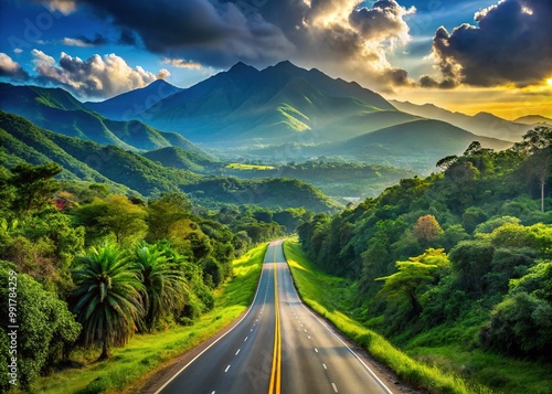 Scenic View of the Panamerican Highway Stretching Through Lush Green Landscapes and Mountains