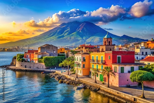 Scenic View of Torre del Greco with Vesuvius in the Background and Colorful Coastal Architecture