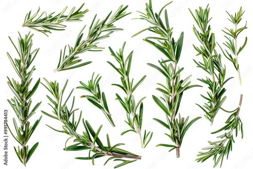 Obraz premium A close-up shot of a few rosemary sprigs arranged on a white surface