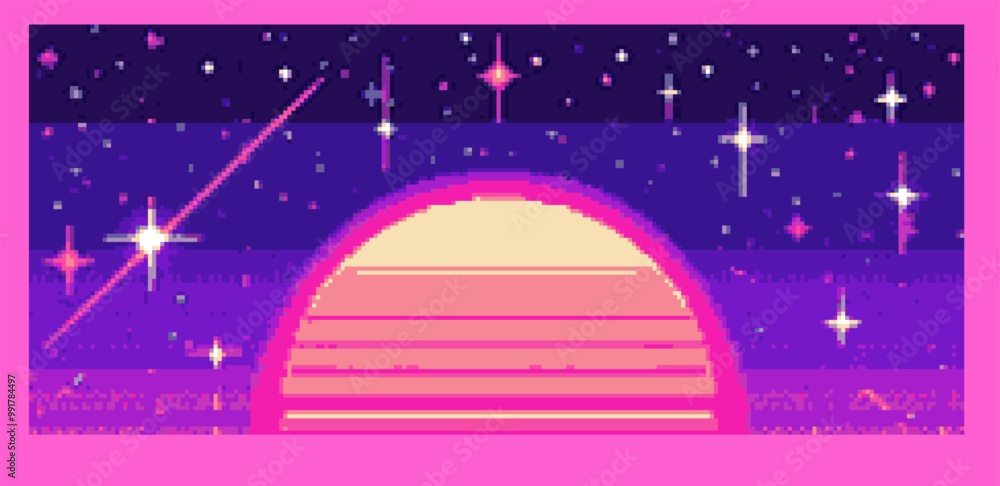 Retrowave starry sky background with neon large rising sun. Retrowave starry sky background with neon large rising sun.