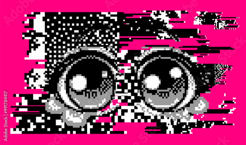 Pair of large and expressive, 
 stylized, pixelated anime eyes in retro-inspired style of 1980s or early 1990s digital art and video game aesthetic.