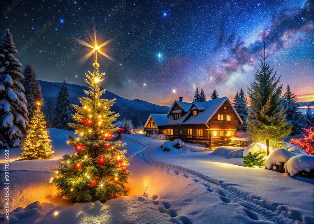 Fototapeta premium Serene Christmas Night with Twinkling Stars, Snowy Landscape and Cozy Warm Lights Glowing Brightly