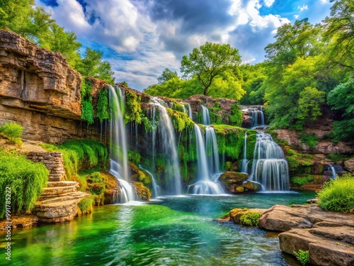 Serene Oklahoma Waterfalls Amidst Lush Greenery and Rocky Terrain in a Picturesque Natural Landscape