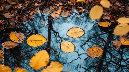   A flurry of golden foliage danced upon the tranquil surface of a placid lake, surrounded by an emerald canopy of towering arboreal giants photo