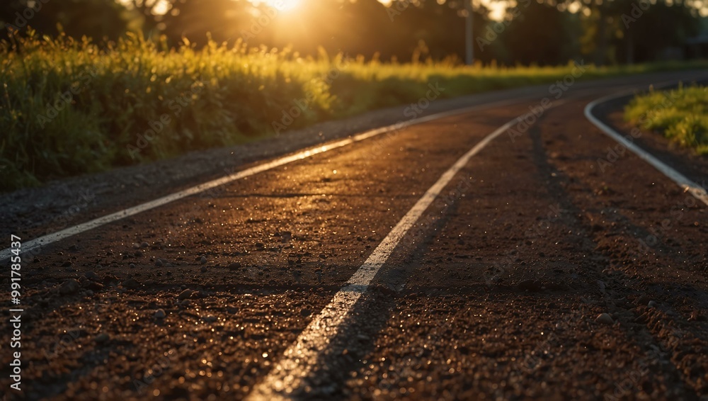 Running track at sunset with glowing sun rays. Running track at sunset with glowing sun rays.