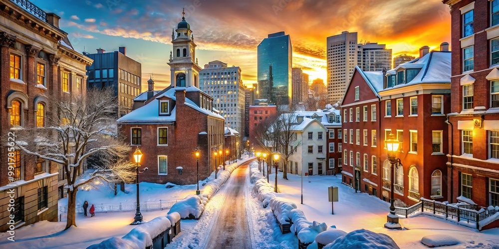 Fototapeta premium Serene Winter Scene of Boston with Snow-Covered Streets and Historic Architecture in Frosty Light