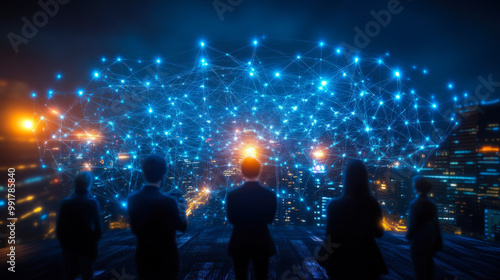 Wallpaper Mural Nighttime Cityscape with People Observing a Connected Network of Glowing Nodes Representing Online Connectivity and Digital Communication Torontodigital.ca
