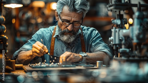 A jeweler works with a stone cutting tool to grind diamonds. A jeweler at work photo