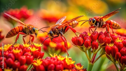 Striking Close-Up of Red Wasps Collecting Nectar on Vibrant Flowers in a Natural Environment photo