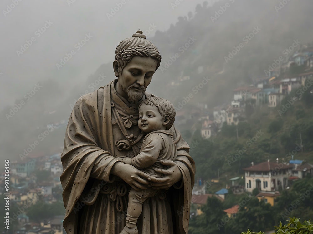 Saint statue holding children in Sapa City on a foggy day. Saint statue holding children in Sapa City on a foggy day.