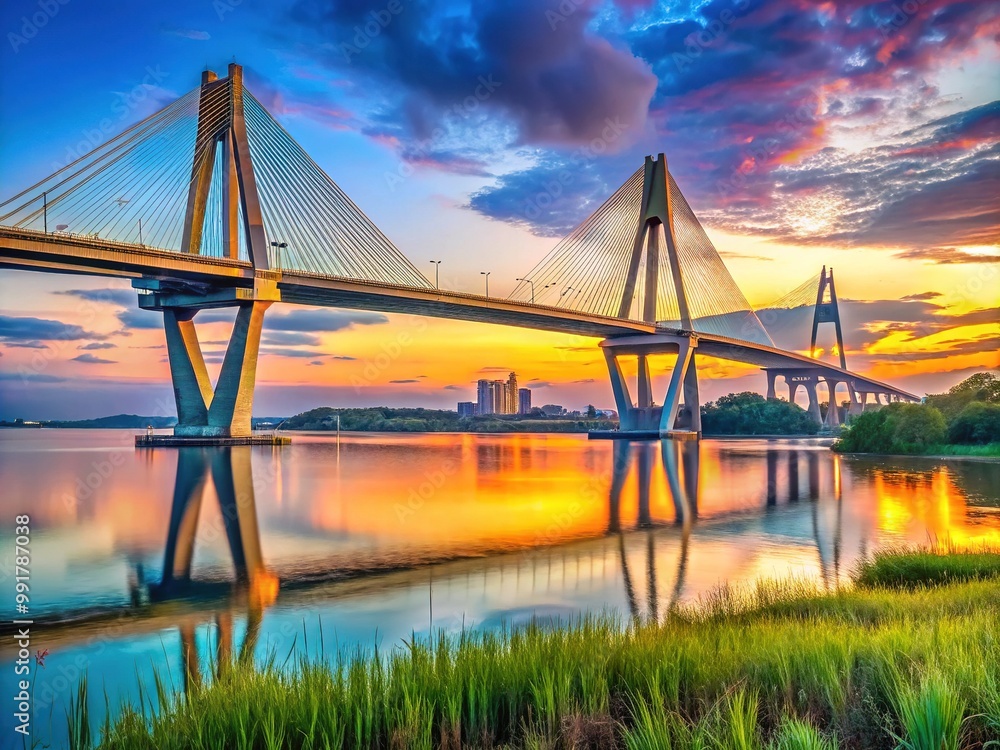 Obraz premium Stunning View of Ravenel Bridge Over Water with Urban Skyline in Background, Charleston, South Carolina