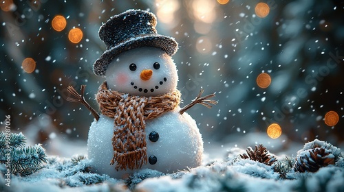  A snowman stands in the snow with a scarf around its neck and a hat on its head