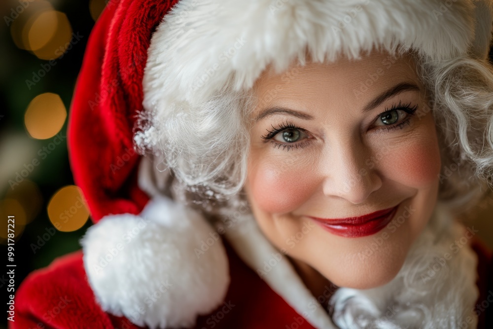 Mrs. Santa Claus joyfully wishing everyone a Merry Christmas near a beautifully decorated tree Mrs. Santa Claus joyfully wishing everyone a Merry Christmas near a beautifully decorated tree
