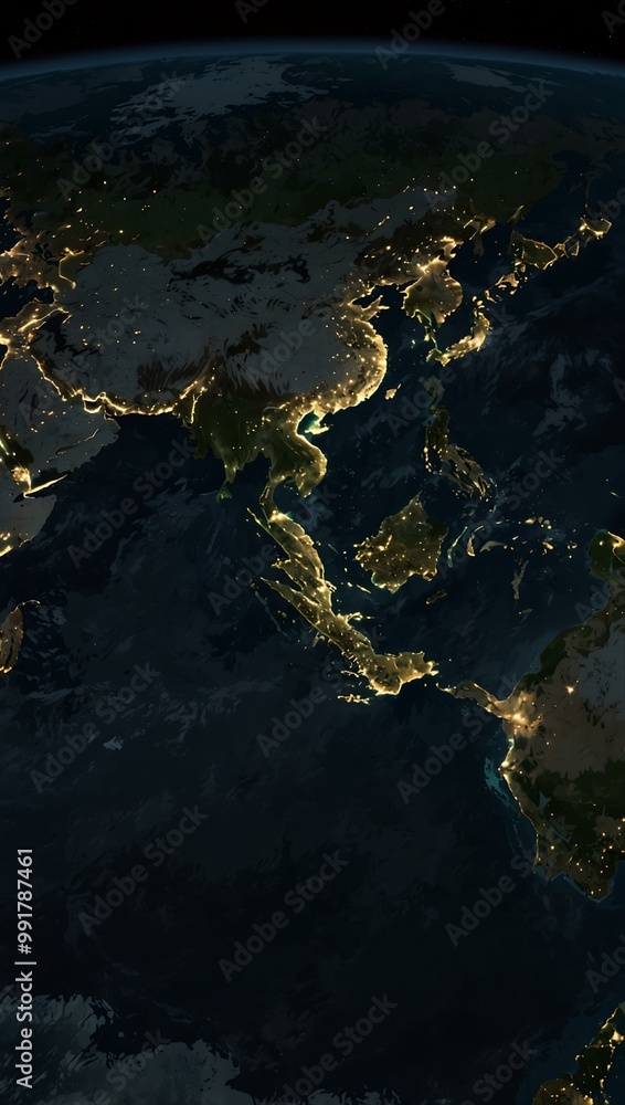 Satellite view of Earth at night, showcasing city lights in East Asia. Satellite view of Earth at night, showcasing city lights in East Asia.