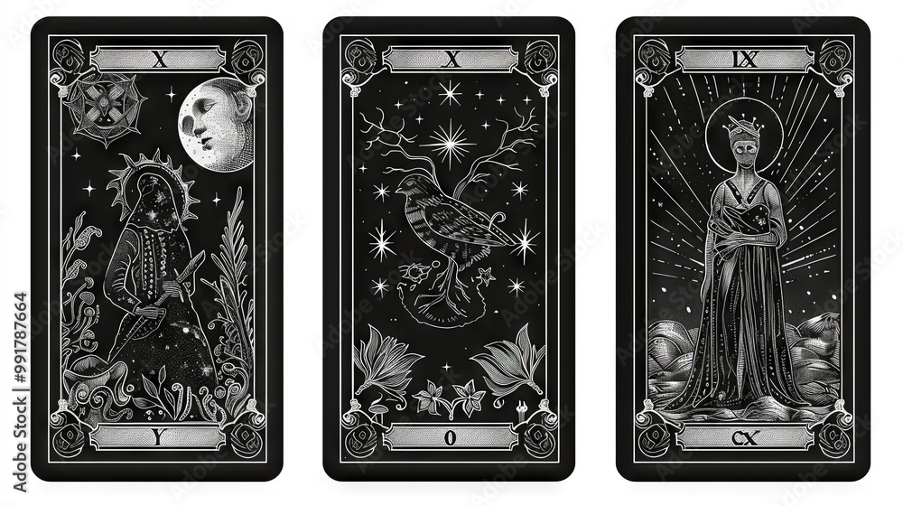 A set of three black tarot cards featuring magical and occult designs A set of three black tarot cards featuring magical and occult designs