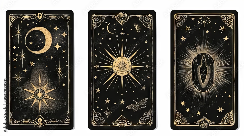 A set of three black tarot cards featuring magical and occult designs