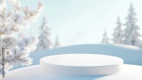 Minimalist winter podium surrounded by snow-covered trees under a clear blue sky, creating a frosty and peaceful scene.