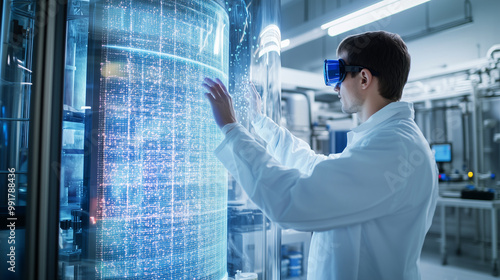 A technician stands beside a towering bioreactor, encased in glass and filled with bubbling liquids, using augmented reality glasses to monitor the biotech production process in re