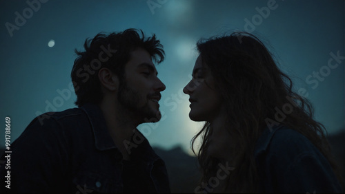 Loving couple sharing a moment together in silhouette against a twilight sky