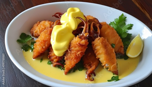 Gourmet Fried Calamari with Tangy Lemon Aioli and Crispy Texture photo