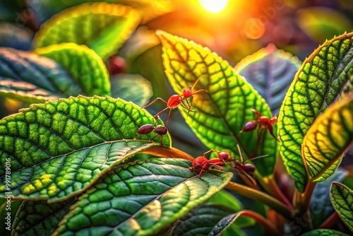 Unique Ant Plant with Vibrant Green Leaves and Intricate Structures in Natural Sunlight Setting photo