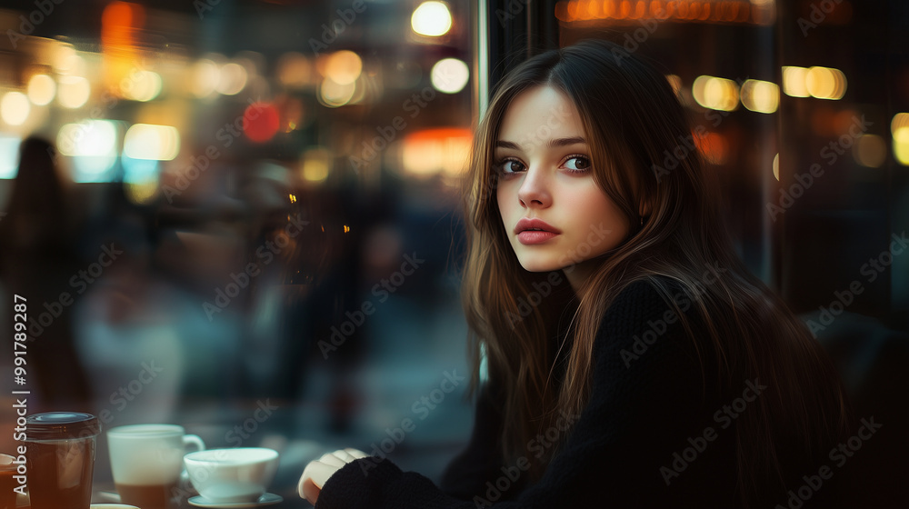 A woman sits in a crowded café, looking out the window with a distant expression of longing, while the world bustles around her A woman sits in a crowded café, looking out the window with a distant expression of longing, while the world bustles around her