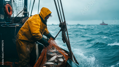 A commercial fisherman hauling in nets filled with fish on a boat, with the rough sea and overcast sky behind, highlighting the gritty and challenging nature of the fishing industry