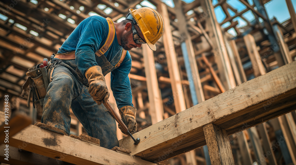 A construction worker in worn overalls and a safety helmet, hammering nails into a wooden frame on a building site, with dirt and sweat visible, capturing the hard work and dedication A construction worker in worn overalls and a safety helmet, hammering nails into a wooden frame on a building site, with dirt and sweat visible, capturing the hard work and dedication