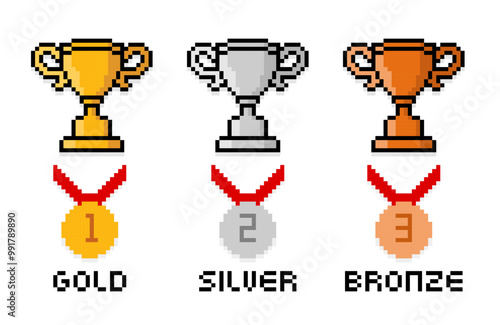 Pixel art of trophy and medal in gold, silver and bronze categories. 