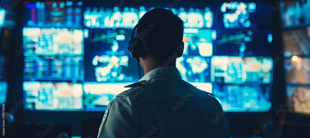 A vigilant security guard attentively observes multiple CCTV screens, ensuring the safety of the premises by monitoring various activities with keen awareness. A vigilant security guard attentively observes multiple CCTV screens, ensuring the safety of the premises by monitoring various activities with keen awareness.
