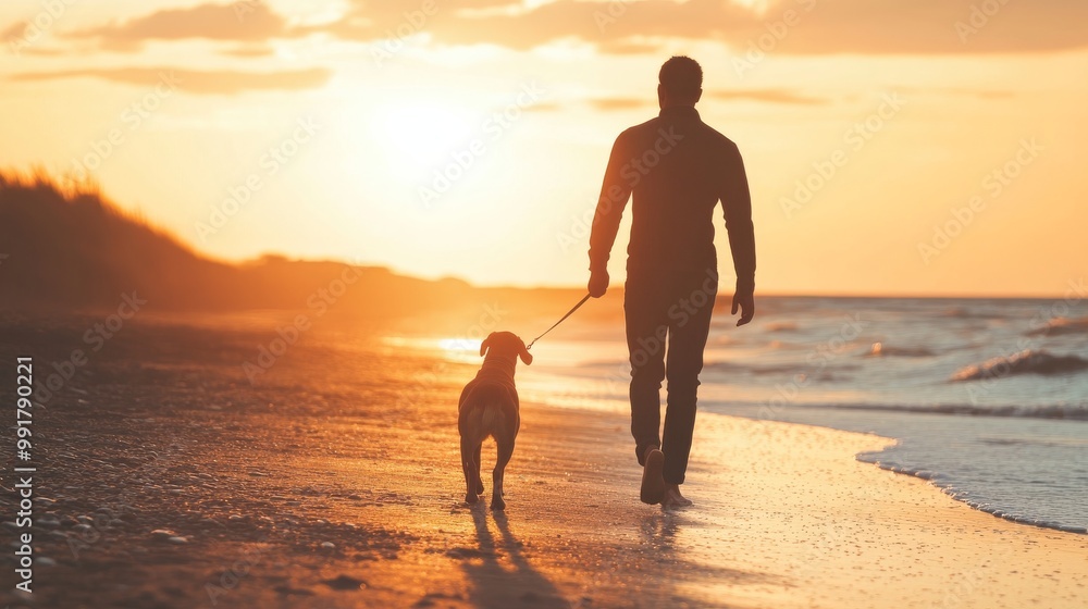 A cheerful man enjoys the sunset while walking his dog along a peaceful beach A cheerful man enjoys the sunset while walking his dog along a peaceful beach