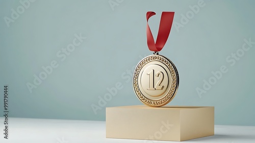 Gold medal with red ribbon on a podium, number twelve. photo