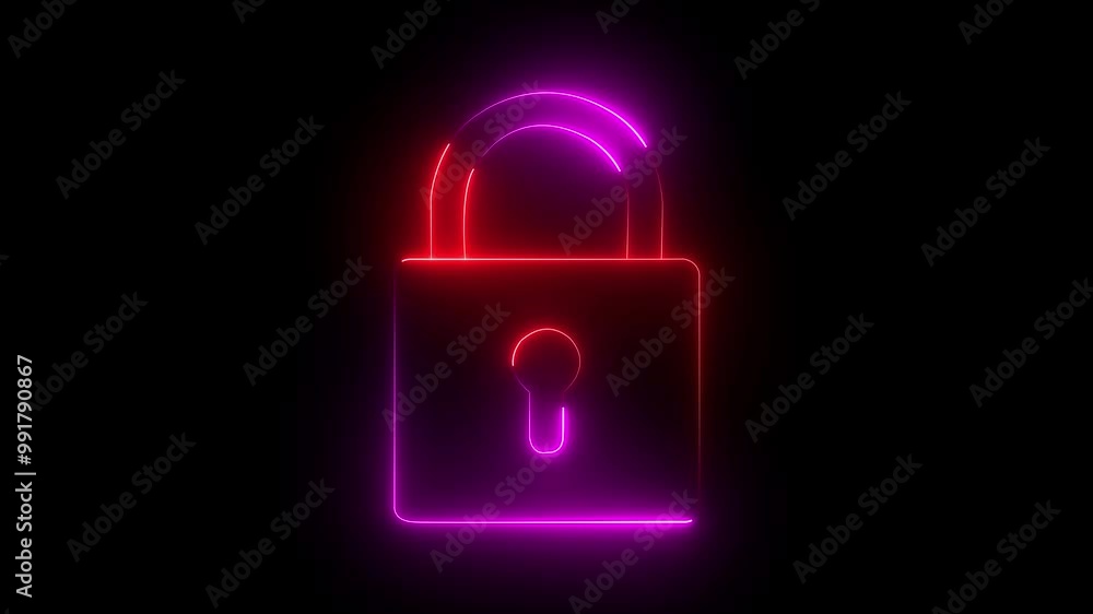Lock icon animation by red-pink color neon on black background. Lock icon animation by red-pink color neon on black background.