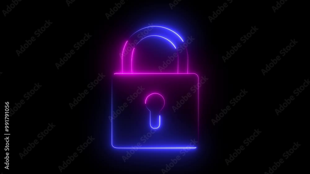 Lock icon animation by pink-blue color neon on black background. Lock icon animation by pink-blue color neon on black background.