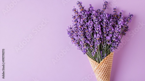   A lavender flower cone on a purple background with a waffle cone base photo