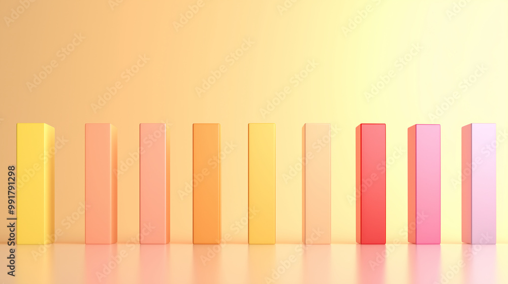 A row of vibrant 3D bars with varying heights, arranged in a gradient pattern against a light pastel yellow background, casting subtle reflections A row of vibrant 3D bars with varying heights, arranged in a gradient pattern against a light pastel yellow background, casting subtle reflections