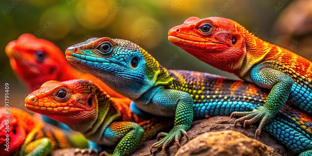 Obraz premium Vibrant Lizards with Striking Red Heads Displaying Colorful Patterns in Natural Habitat
