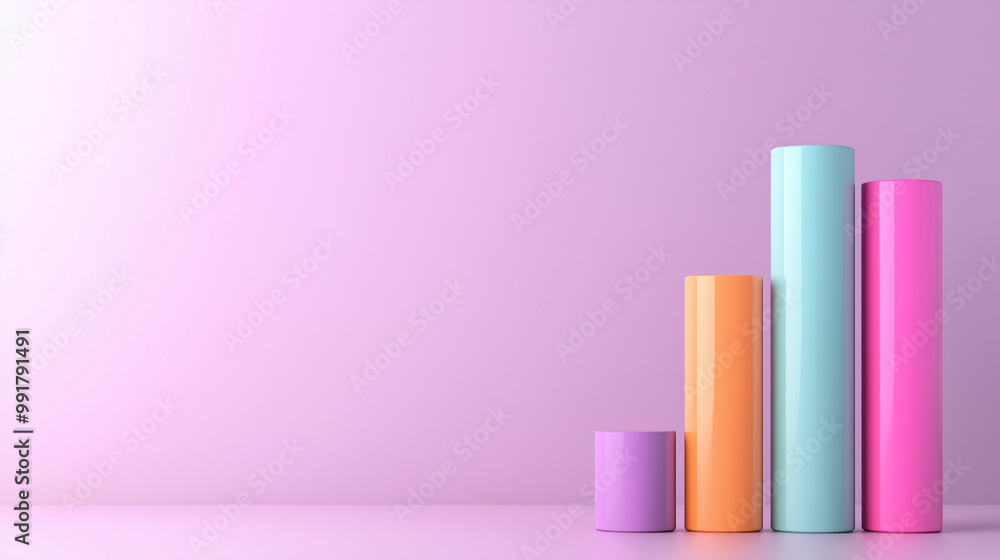 A modern 3D bar graph in bright, bold colors, standing out against a pale pastel lilac background, symbolizing data analytics A modern 3D bar graph in bright, bold colors, standing out against a pale pastel lilac background, symbolizing data analytics