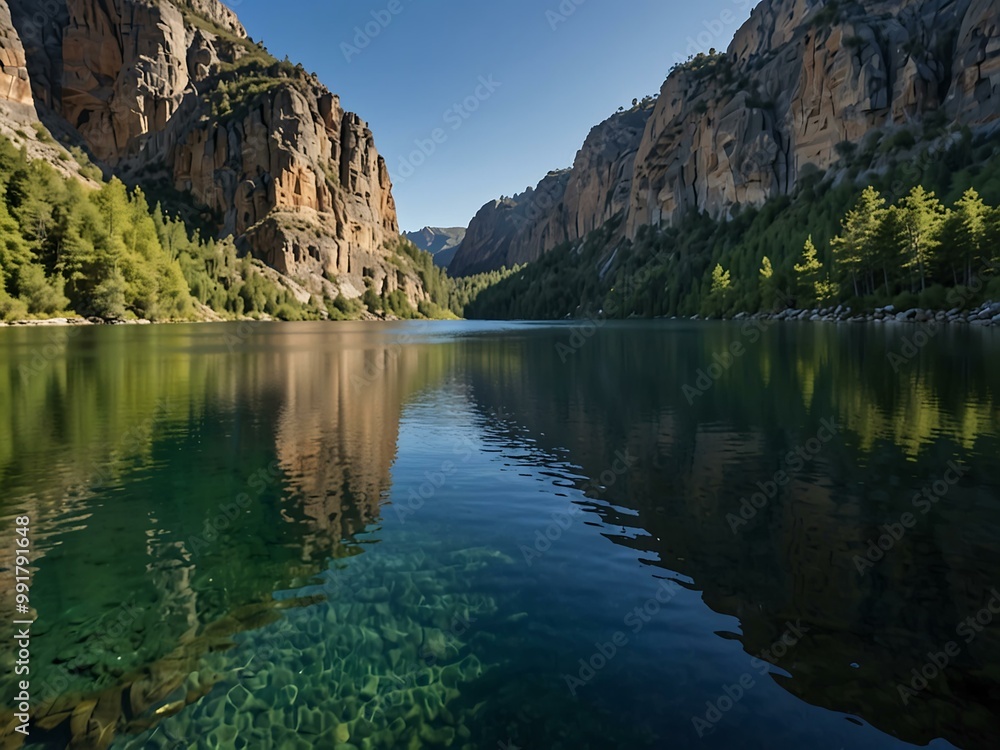 Serene lake reflecting a clear blue sky surrounded by cliffs. Serene lake reflecting a clear blue sky surrounded by cliffs.