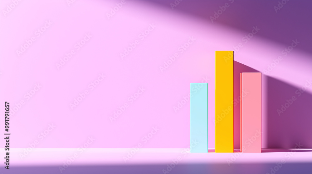 A vibrant 3D bar chart with sleek, rounded bars in bright primary colors, casting long shadows on a light pastel purple background A vibrant 3D bar chart with sleek, rounded bars in bright primary colors, casting long shadows on a light pastel purple background