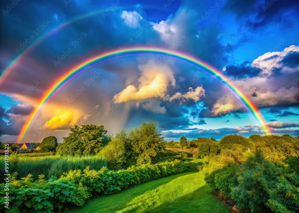 Vibrant Rainbow Arching Across the Sky After Rain with Lush Greenery and Blue Background Scenery Vibrant Rainbow Arching Across the Sky After Rain with Lush Greenery and Blue Background Scenery