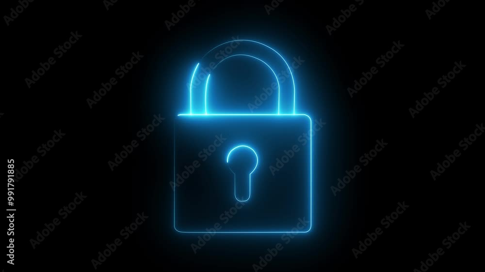 Lock icon animation by cyan color neon on black background. Lock icon animation by cyan color neon on black background.