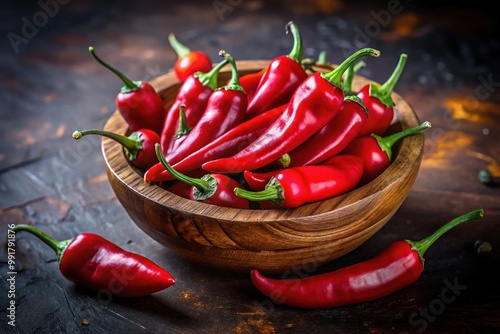 Vibrant Red Lal Mirch in a Rustic Wooden Bowl on a Dark Background for Culinary Inspiration photo