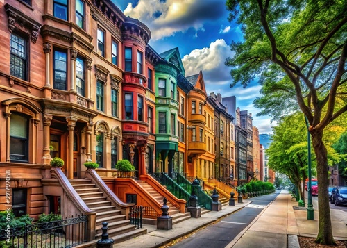 Vibrant street scene in Harlem showcasing historic architecture and lively urban atmosphere in NYC