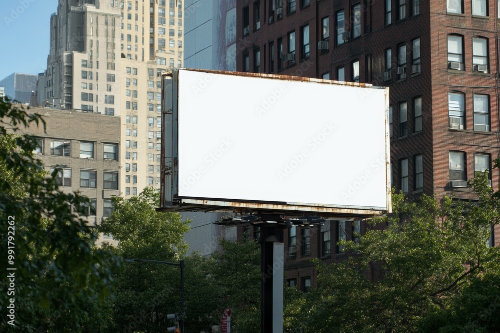 Fototapeta premium A blank billboard stands in the heart of a bustling city, surrounded by buildings and greenery on a sunny day