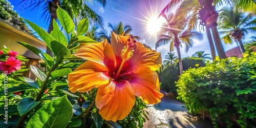 Vibrant tropical bunga flower blooming in lush green foliage under bright sunlight in a garden setting