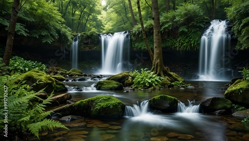 Serene waterfall in a lush green forest.