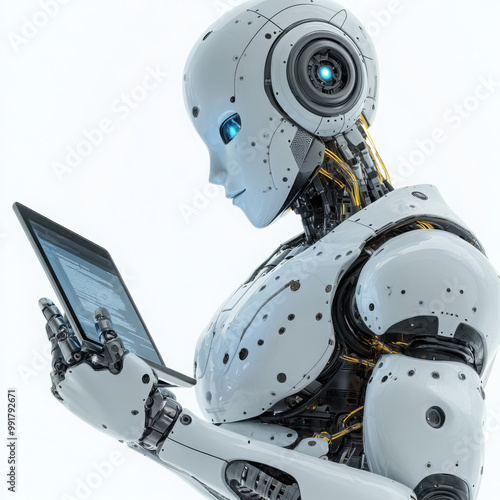 Ai robot using tablet isolate on transparency background PNG 