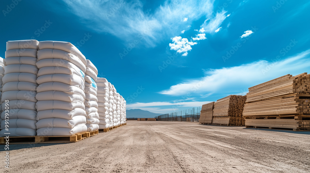 Neatly stacked white cement bags arranged in perfect rows beside steel beams and wooden planks, all set on a dusty construction site under a bright blue sky Neatly stacked white cement bags arranged in perfect rows beside steel beams and wooden planks, all set on a dusty construction site under a bright blue sky